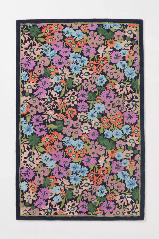 Midnight Blossom Pattern Hand-Tufted Wool Rug