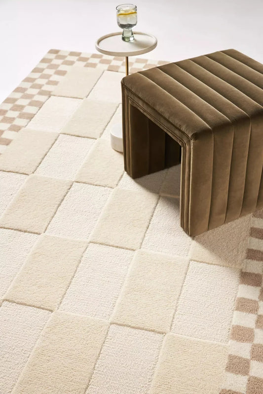 Beige Grid Checker Border Tufted Accent Rug