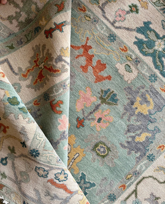 Soft Seafoam Blue & Pastel Floral Oushak Rug