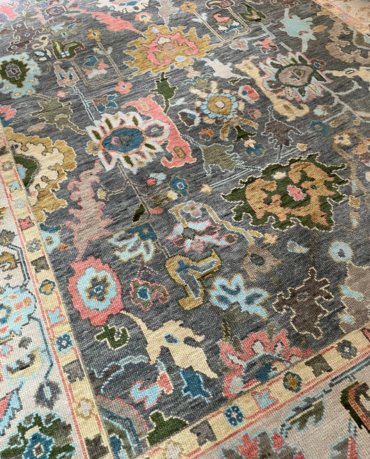 Dark Charcoal & Pastel Floral Oushak Rug