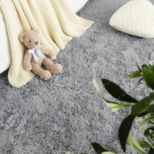 Contemporary Solid Grey Round Shaggy Rug