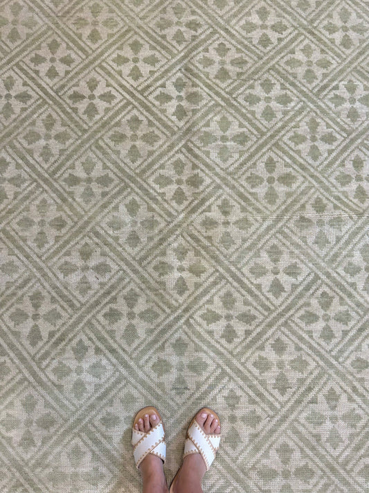 Muted Sage Green Geometric Oushak Rug