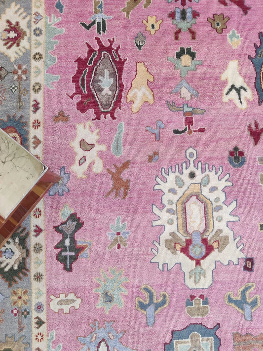 Vibrant Bubblegum Pink & Slate Grey Border Oushak Rug