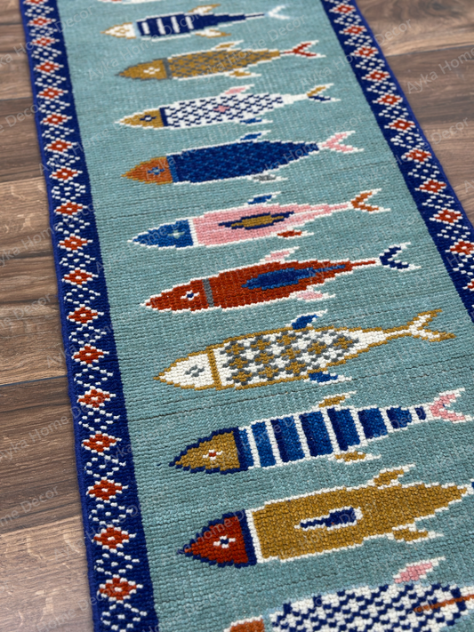 Azure Aquatic Motif Fish Hand-Knotted Wool Runner