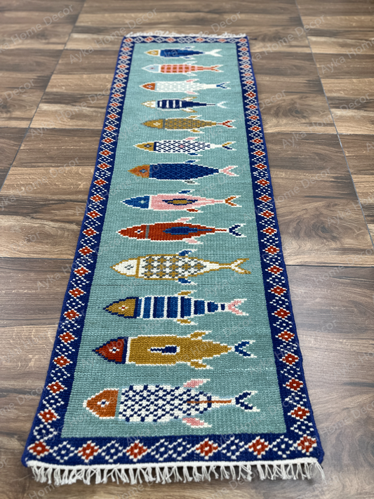 Azure Aquatic Motif Fish Hand-Knotted Wool Runner