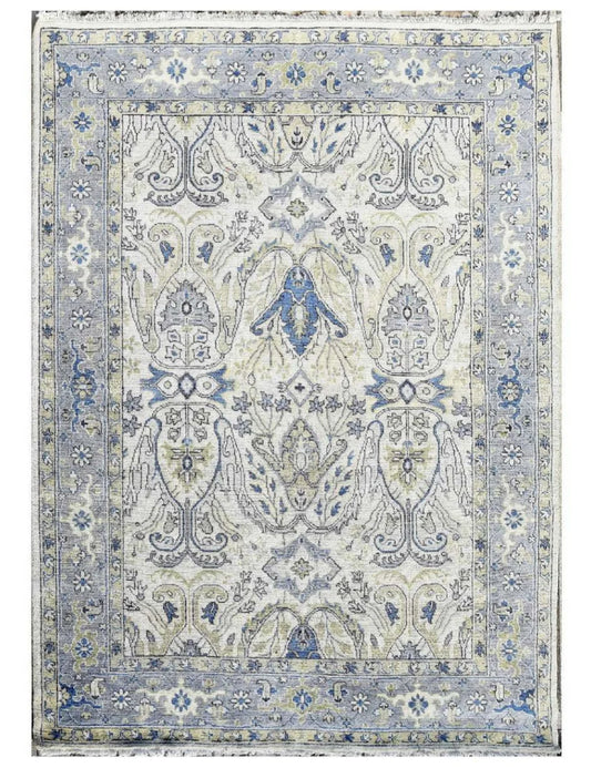 Ivory & Soft Slate Blue Botanical Oushak Rug
