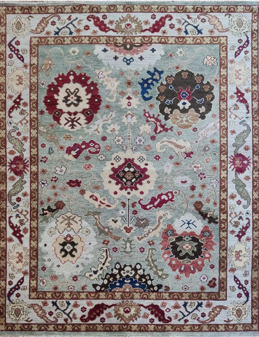 Muted Sage Green & Burgundy Floral Oushak Rug