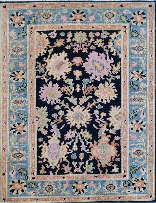 Vintage Style Midnight Blue & Blush Floral Turkish Rug