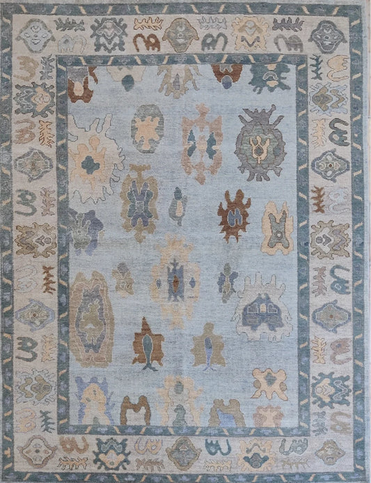 Muted Sky Blue & Cream Bordered Oushak Rug