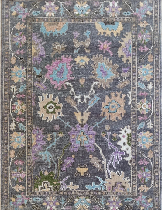 Dark Charcoal & Pastel Purple Floral Oushak Rug