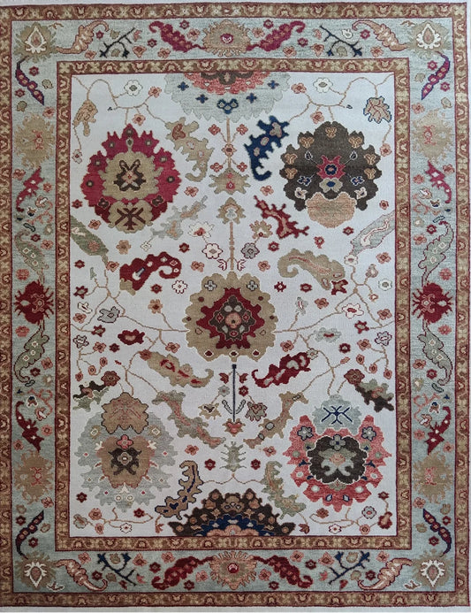 Ivory & Crimson Red Floral Oushak Rug