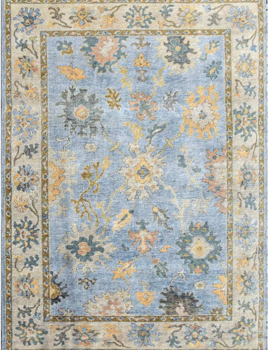Soft Sky Blue & Beige Floral Oushak Rug