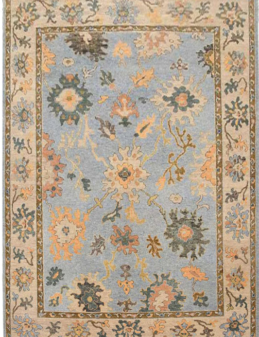 Soft Sky Blue & Beige Floral Oushak Rug
