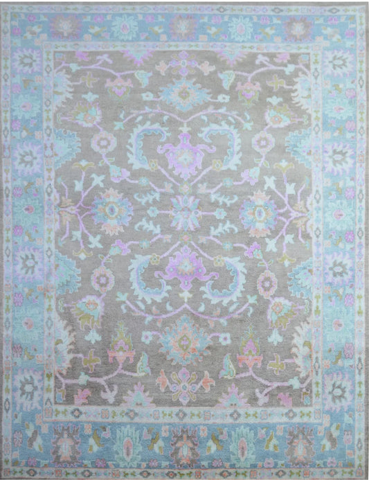 Muted Taupe & Pastel Blue Bordered Oushak Rug