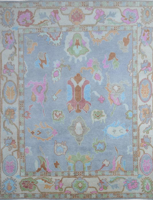 Soft Lavender Blue & Pastel Floral Oushak Rug