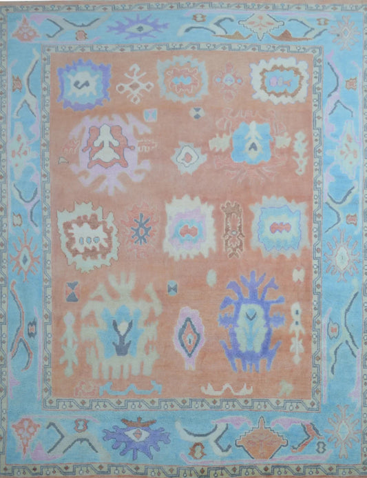 Peach Coral & Light Blue Floral Oushak Rug