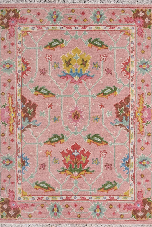 Rose Pink & Olive Green Floral Oushak Rug
