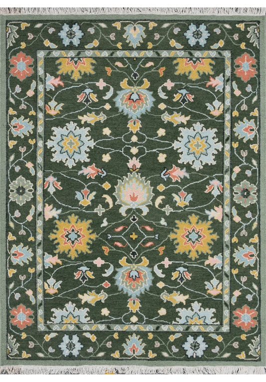 Forest Green & Gold Floral Oushak Rug