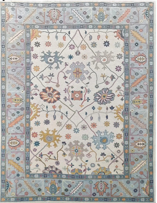 Ivory & Light Blue Bordered Floral Oushak Rug