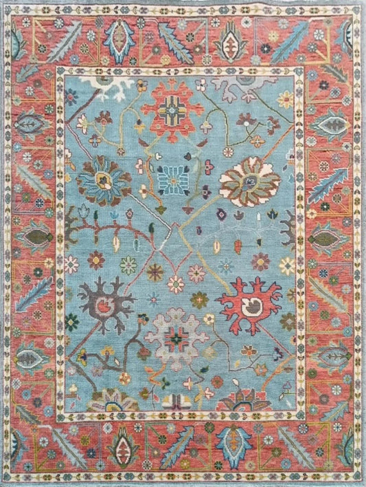 Light Blue & Coral Red Bordered Oushak Rug