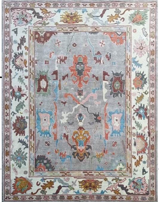 Muted Slate Grey & Cream Bordered Oushak Rug