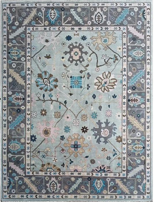 Soft Ice Blue & Charcoal Border Floral Oushak Rug