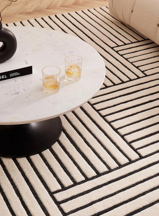 Contemporary Off-White Striped Grid Wool Rug