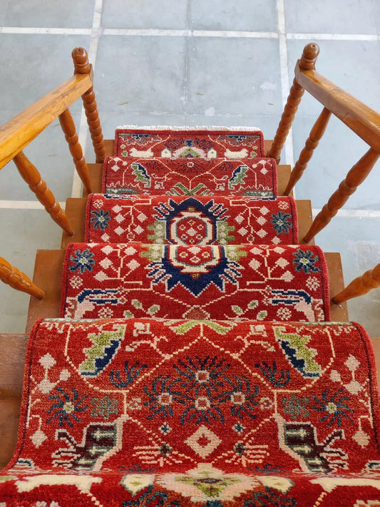 Vibrant Red & Navy Blue Tribal Stair Runner Rug