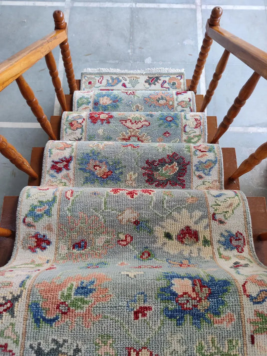 Pastel Light Blue & Red Floral Oushak Stair Runner