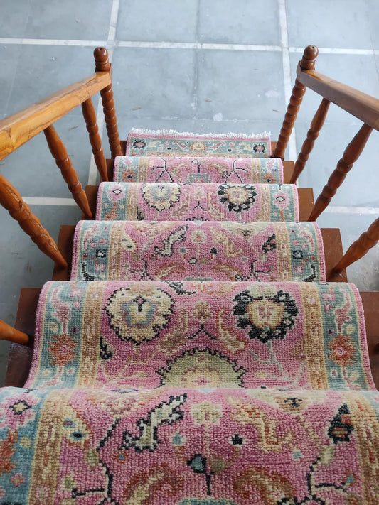Soft Pink & Muted Light Blue Floral Stair Runner Rug