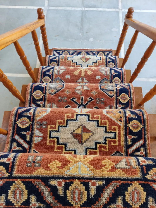 Terracotta Red & Navy Blue Tribal Stair Runner Rug