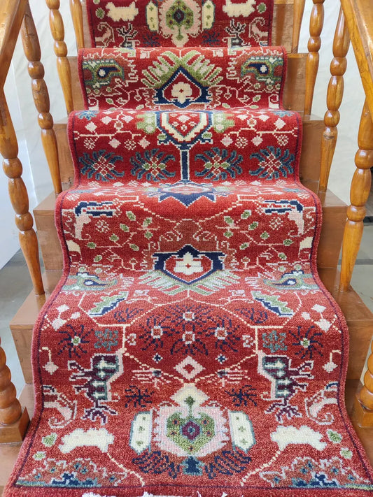 Vibrant Red & Navy Blue Tribal Stair Runner Rug