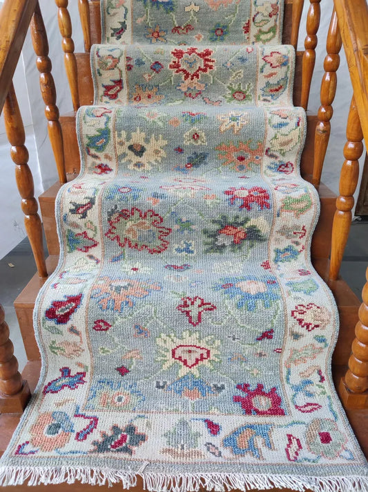 Pastel Light Blue & Red Floral Oushak Stair Runner
