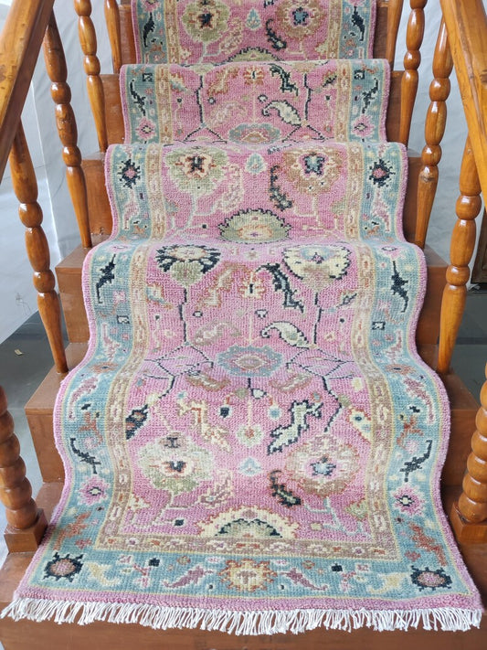 Soft Pink & Muted Light Blue Floral Stair Runner Rug