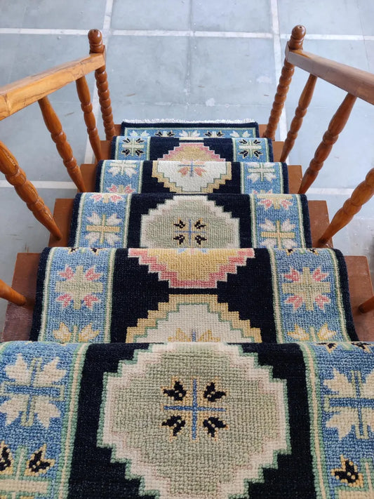 Dark Navy Blue & Pastel Tribal Oushak Stair Runner
