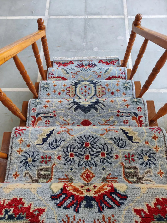Light Blue & Rust Red Tribal Stair Runner Rug