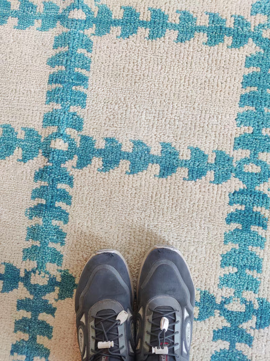 Ivory & Aqua Blue Plaid Geometric Grid Rug