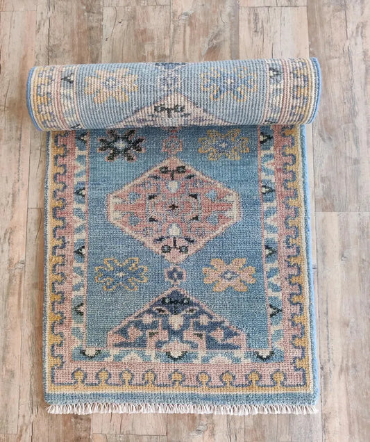Muted Sky Blue & Pink Diamond Medallion Runner Rug