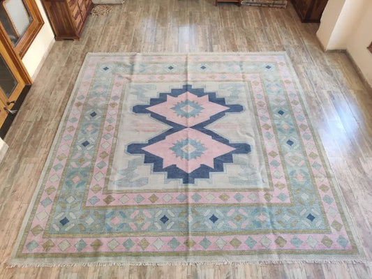 Blush Pink & Slate Blue Geometric Medallion Rug