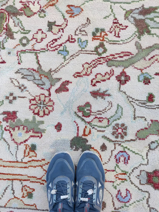 Ivory & Multi-Color Floral Bordered Oushak Rug