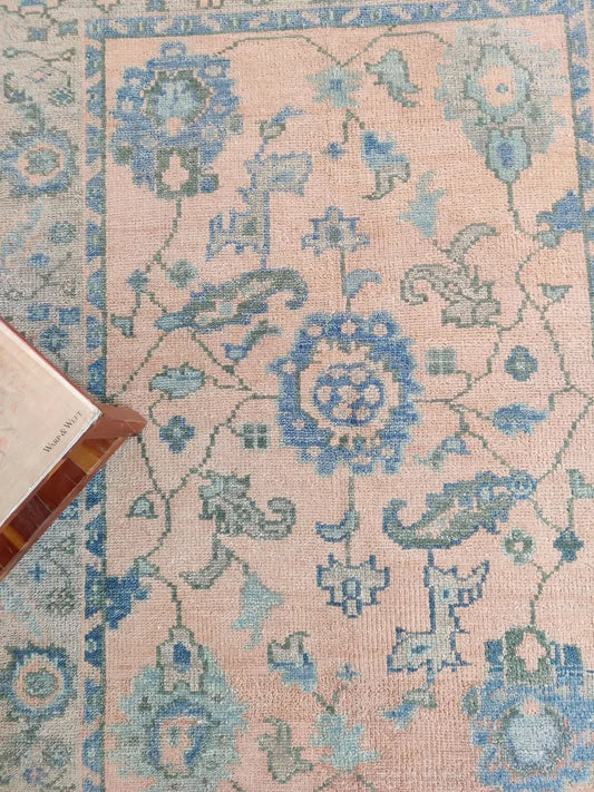 Peach & Blue Floral Bordered Oushak Rug