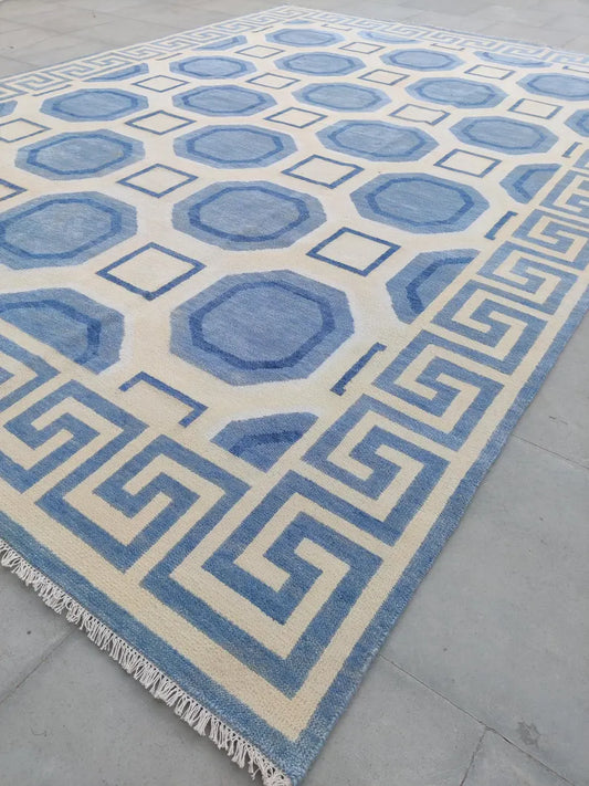 Sky Blue & Cream Octagon Geometric Rug