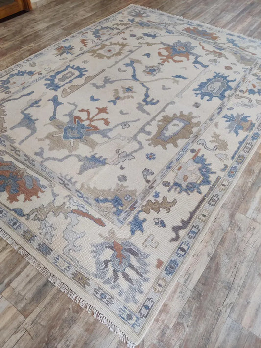 Ivory & Soft Blue Floral Oushak Rug