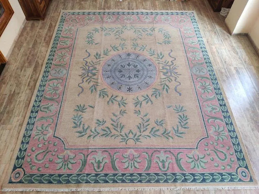Soft Beige & Pink Floral Medallion Area Rug