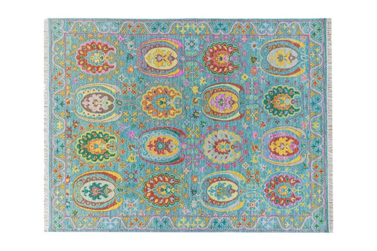Turquoise Blue & Multi-Color Vibrant Floral Oushak Rug