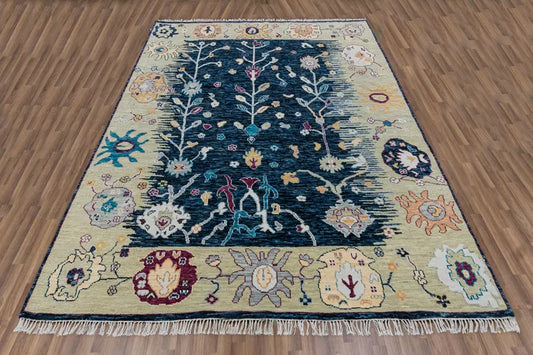 Navy Blue & Ivory Floral Border Oushak Rug