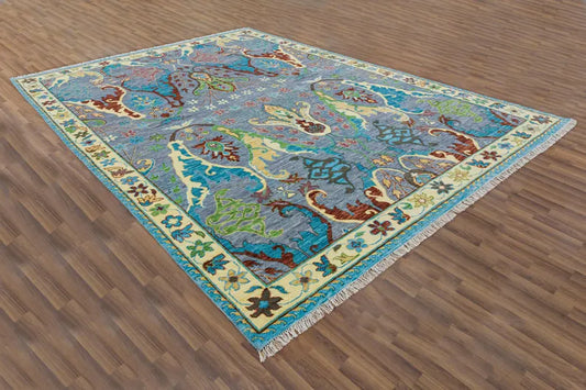 Ocean Blue & Teal Floral Baroque Oushak Rug