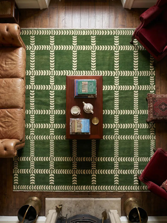 Forest Green & Ivory Plaid Geometric Grid Rug