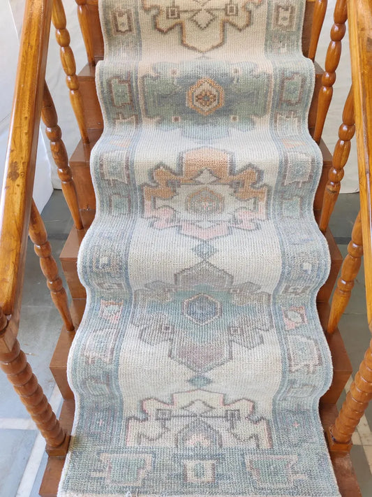 Muted Sage & Beige Medallion Stair Runner Rug