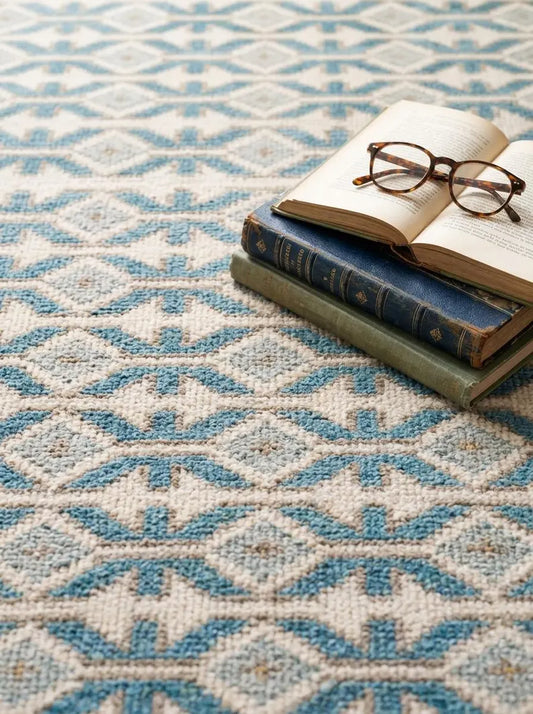 Ocean Blue & Cream Geometric Trellis Area Rug